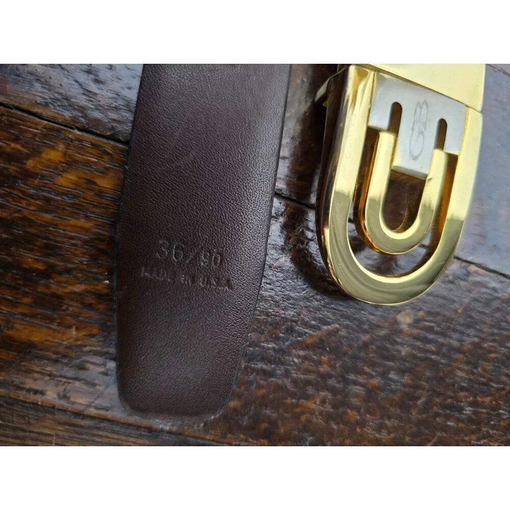 Vintage Black Leather Belt GB Signed Made in Italy Buckle